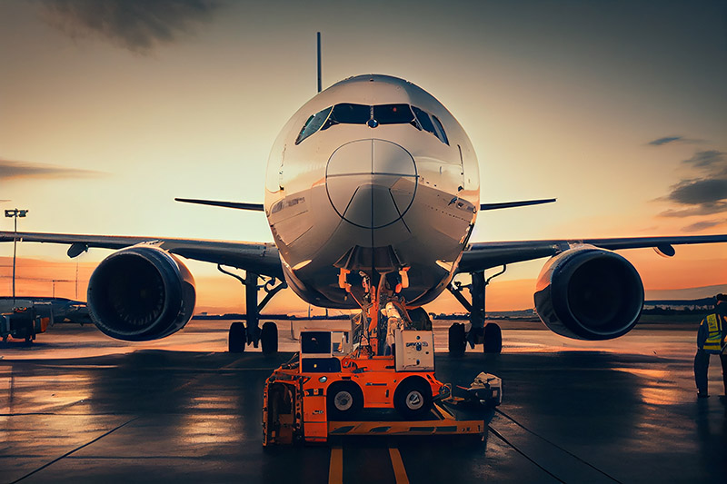 Airplane in the track front view ,generative AI
